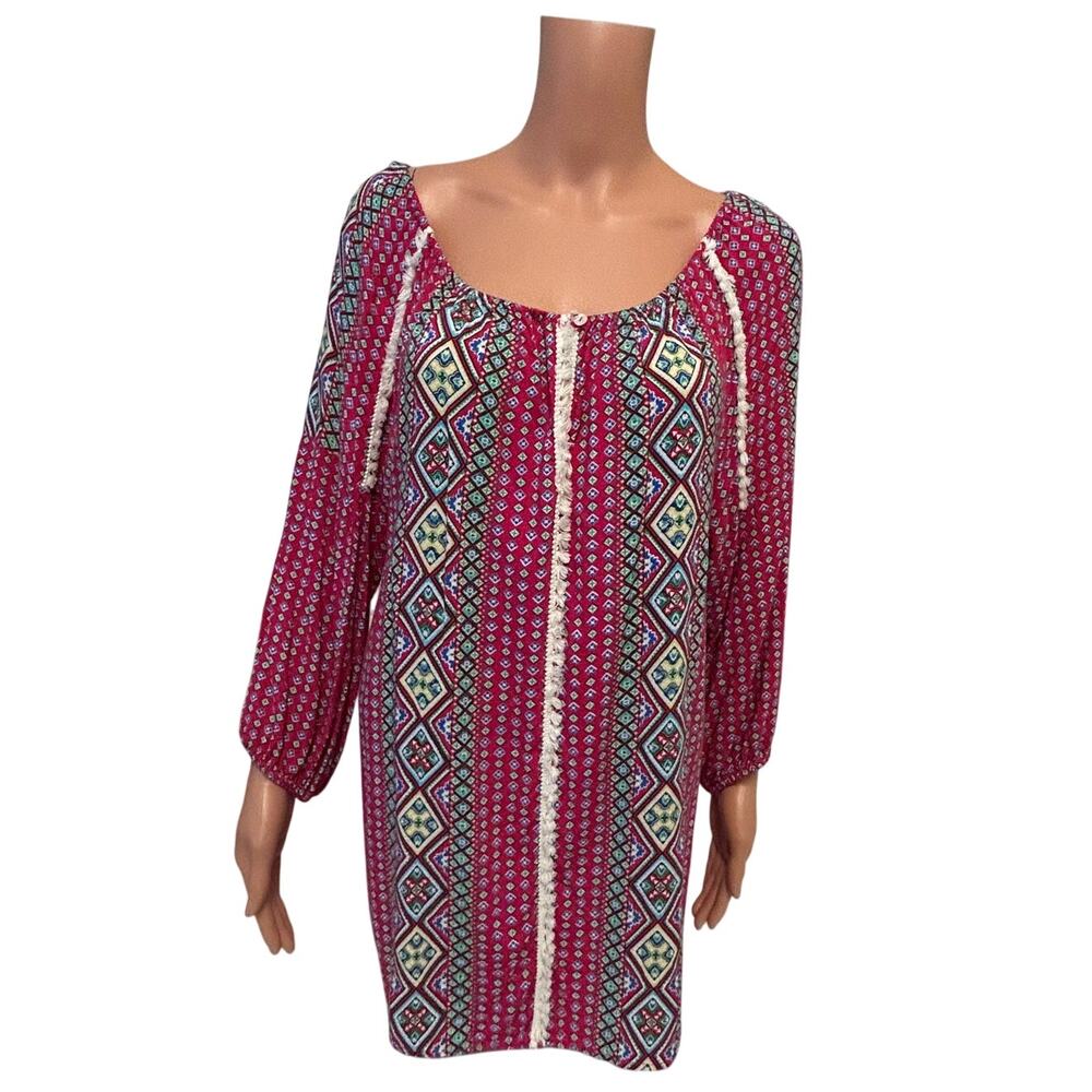 Intro sz M womens boho peasant tunic top/dress magenta pink geo patterns
